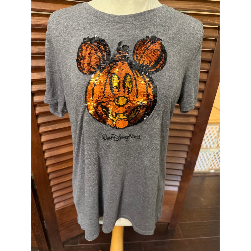 Disney Parks Mickey Pumpkin Sequin T Shirt Adult Women's Size L
